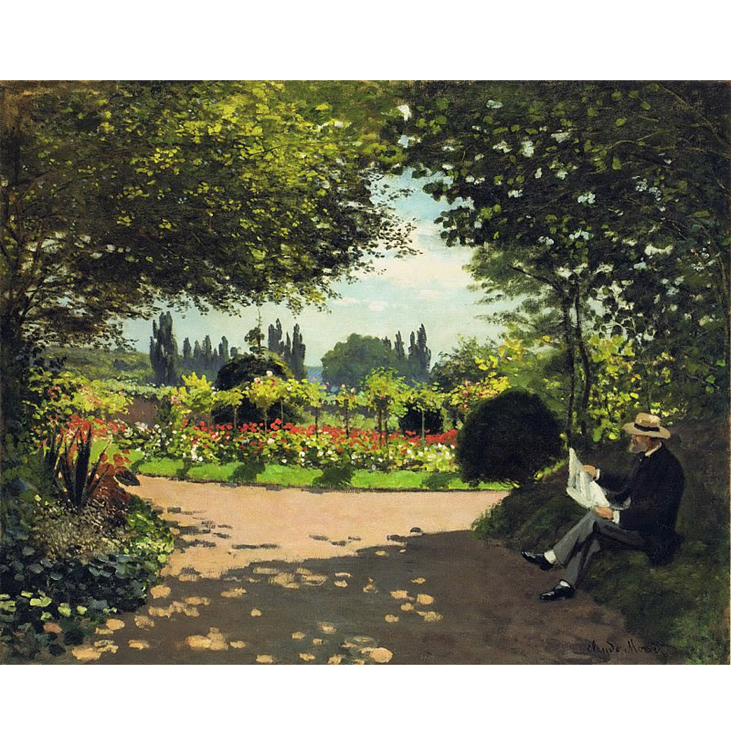 Adolphe Monet Lendo no Jardim - Claude Oscar Monet